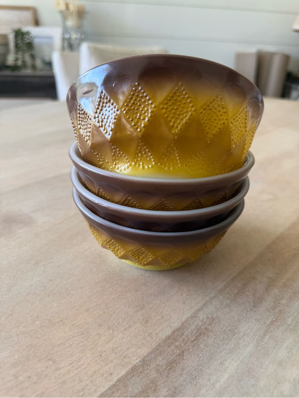 Vintage Anchor Hocking Fire King Kimberly Yellow Brown Cereal Bowls Set of 4